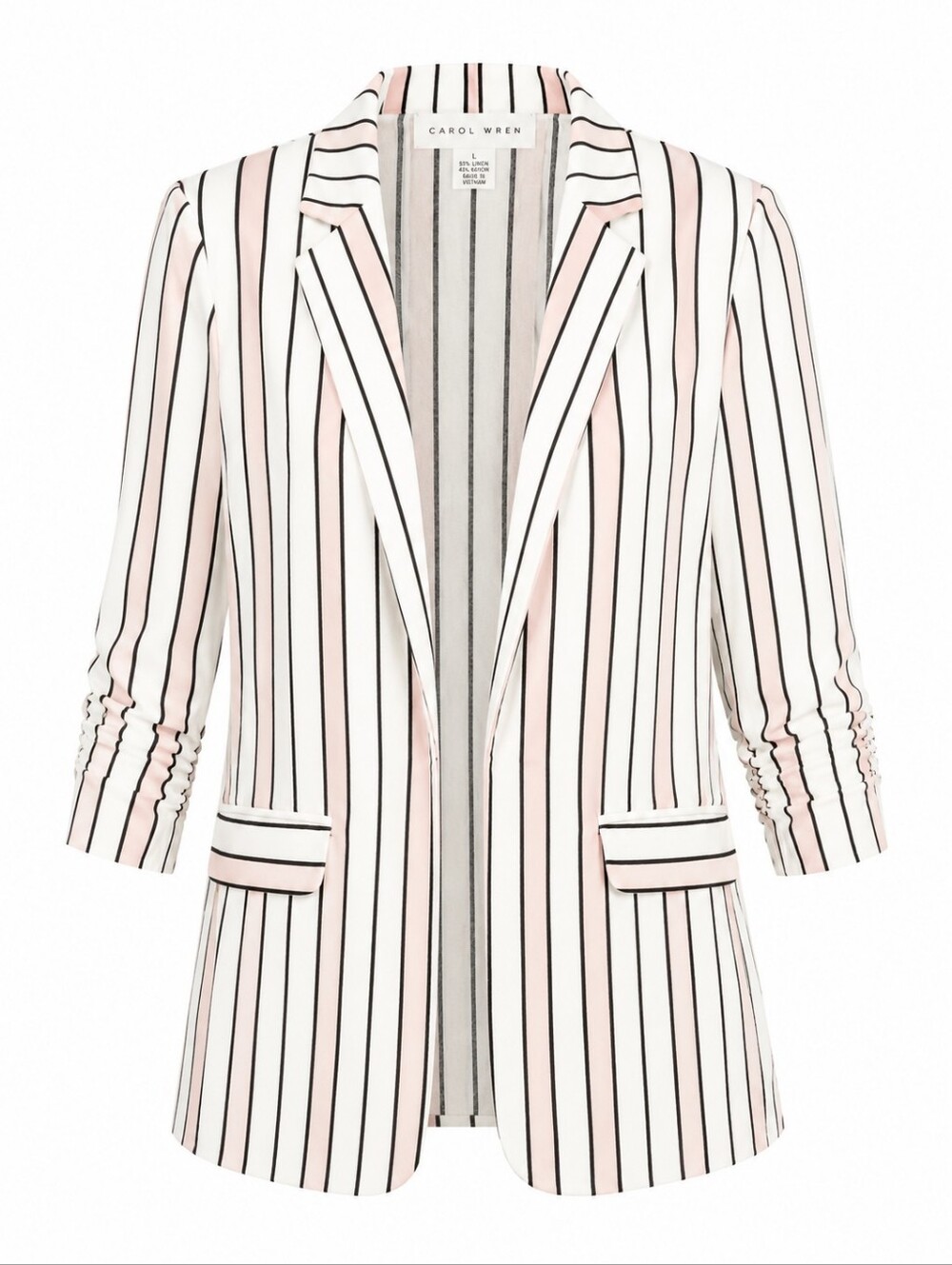 CAROLE WREN | Pink White Black Striped Linen Blend Ruched Lightweight Blazer | L
